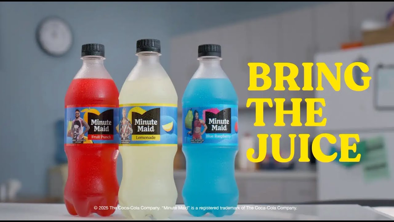 3 bottles of Minute Maid: one Fruit Punch flavor, one Lemonade flavor, one Blue Raspberry flavor.