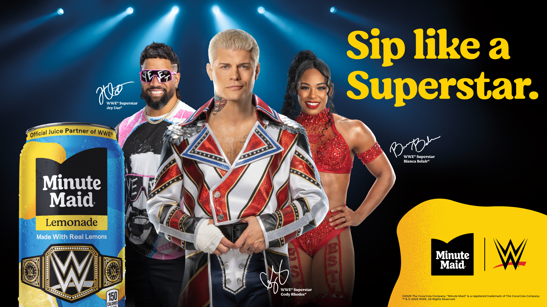 3 WWE stars pictured with a can of Minute Maid Lemonade